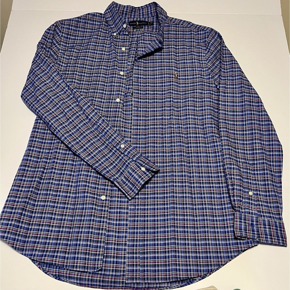 Ralph Lauren Slim Fit Stretch Oxford Shirt XL Blue Purple Plaid Button Down